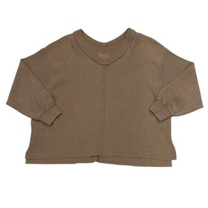 AERIE WOMENS TAN THERMAL RIBBED V-NECK OVERSIZED LONG SLEEVE SHIRT SIZE LARGE
